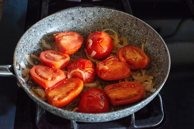 Making Tomato Sauce in a sacue pan on a stovetop