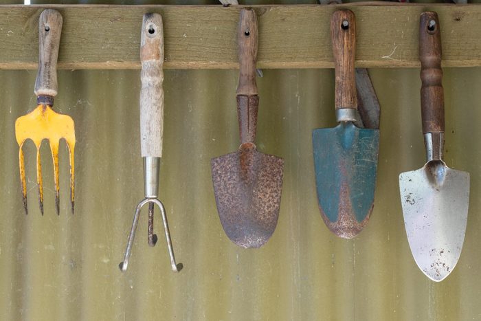 Close-Up Of dirty Gardening Equipment Hanging On Wood