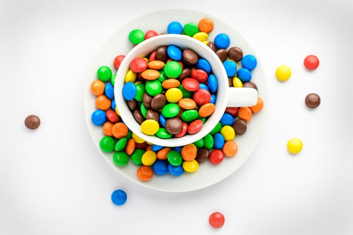 m&ms in a glass container from above