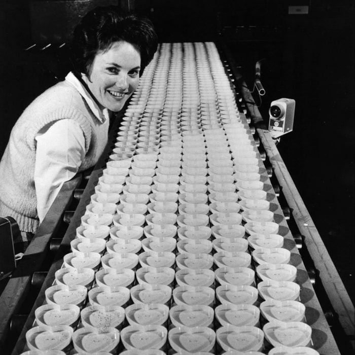 A factory worker checks an endless line of heart-shaped containers which will be filled with straight pins for Valentine's Day in the Tennessee plant of America's leading producer of all types of pins. 