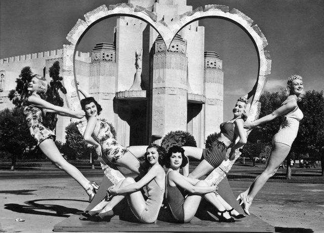 These six young women are ready for St Valentine's Day as they surround a heart at the South Tower of the Golden Gate International Exposition on Treasure Island, San Francisco, California, February 14, 1940. (Photo by Underwood Archives/Getty Images)