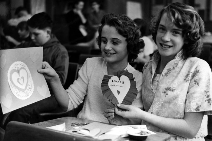 Girls making valentines, late 1950s or early 1960s.