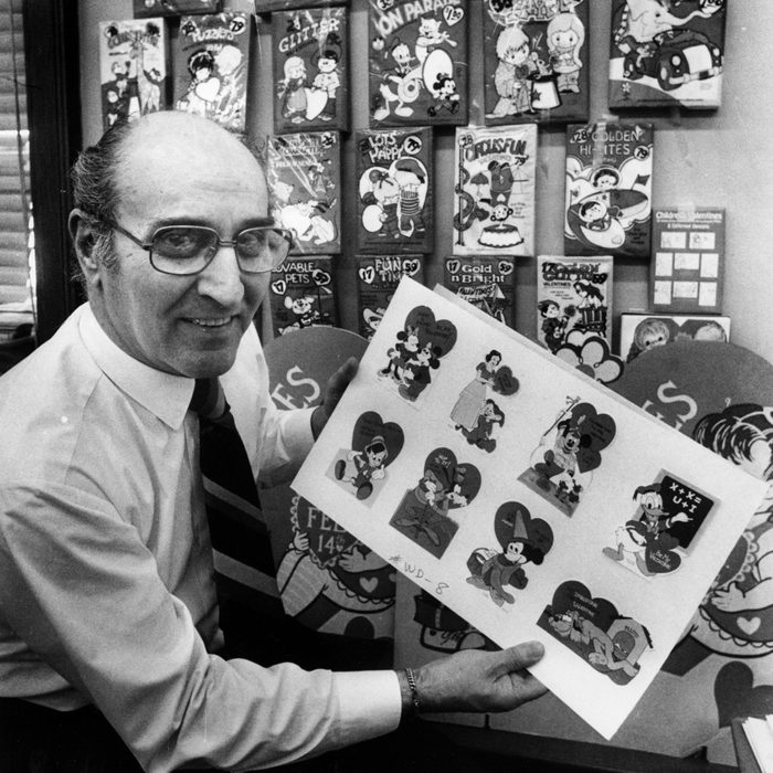 Valentine's DayDEDHAM, MA - FEBRUARY 13: H. Goldberg, head of the valentine division at the Metropolitan Greeting Card Company in Dedham, Mass., holds up a panel of Disney-themed Valentine's Day cards on Feb. 13, 1978.