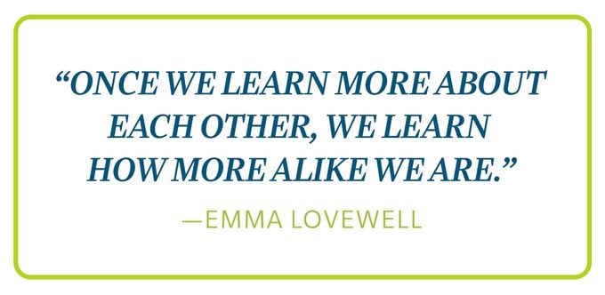 Emma Lovewell Quote; once we learn more about each other, we learn how more alike we are