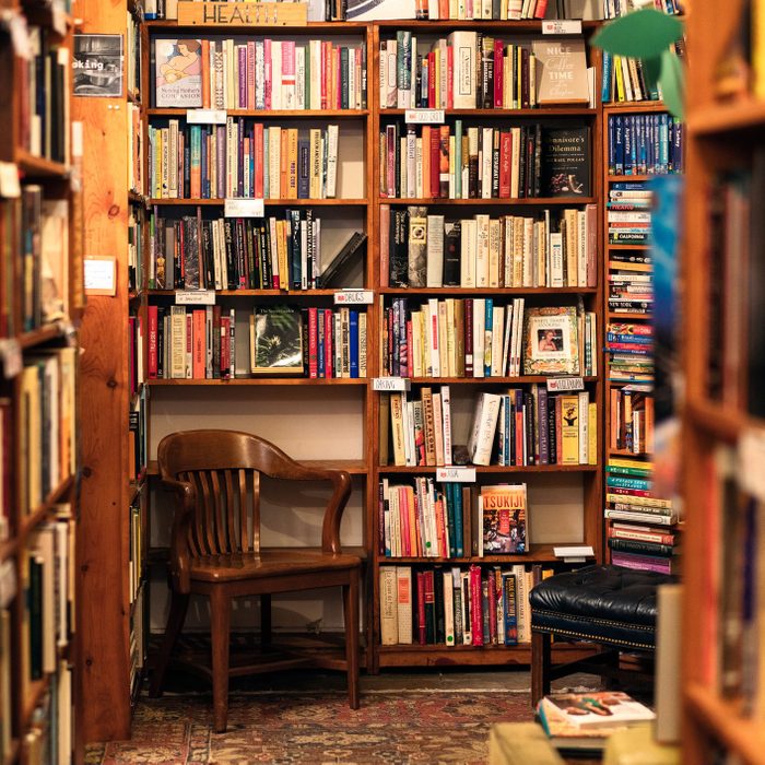 Books on display in the corner of a second hand bookstore
