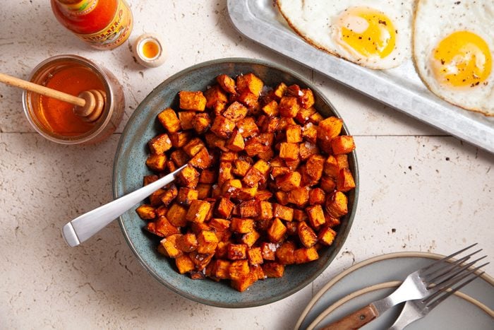 Air fried sweet potato cubes in a bowl