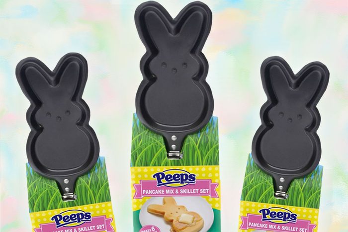three bunny peep shaped cast iron skillets on pastel background