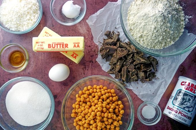 Samoa Cookies ingredients laid out on a purple background