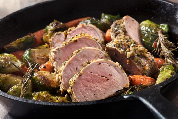 Garlic and Herb Crusted Pork Tenderloin with Roasted Brussels Sprouts and Carrots