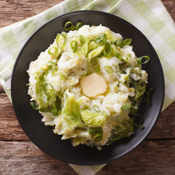 Irish colcannon, mashed potatoes with savoy cabbage closeup