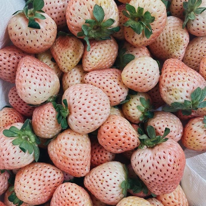 close up of a bunch of White Strawberries Pineberries