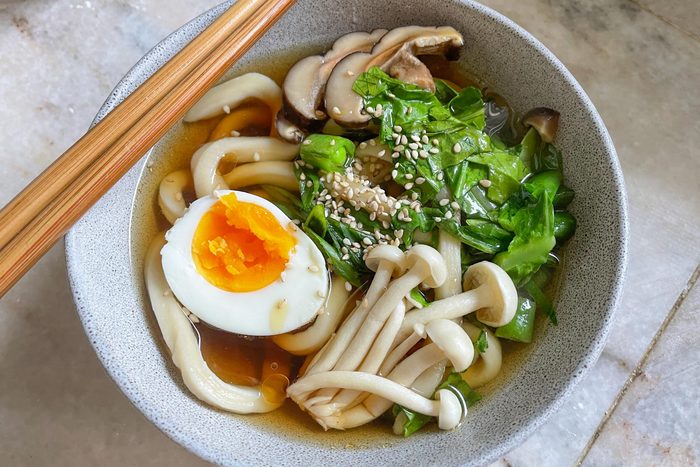 overhead bowl of ramen with homemade udon noodles