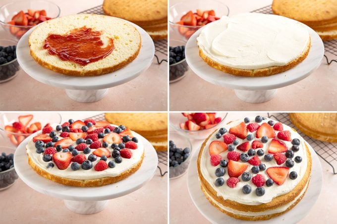 grid of four steps to making layers for a berry Chantilly cake