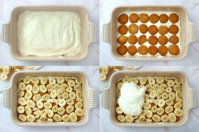 A grid showing the different layers of banana cream pudding, shot from above on a white marble kitchen counter
