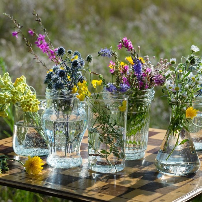 flowers in various vases