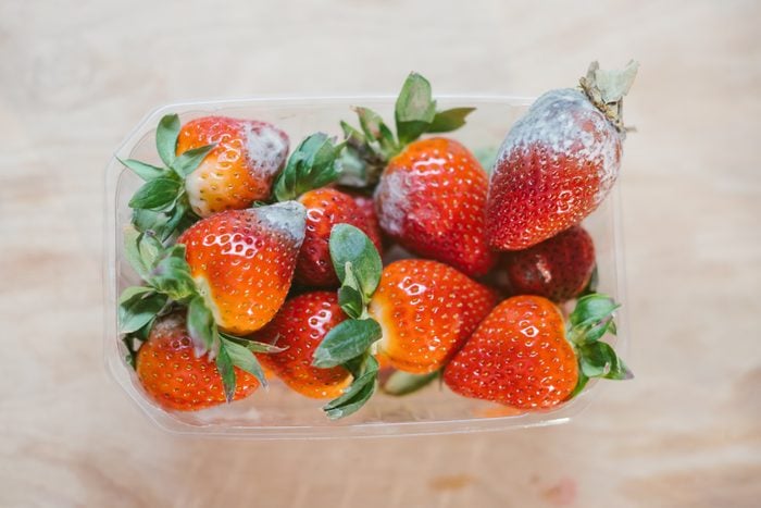 Moldy strawberries in plastic box