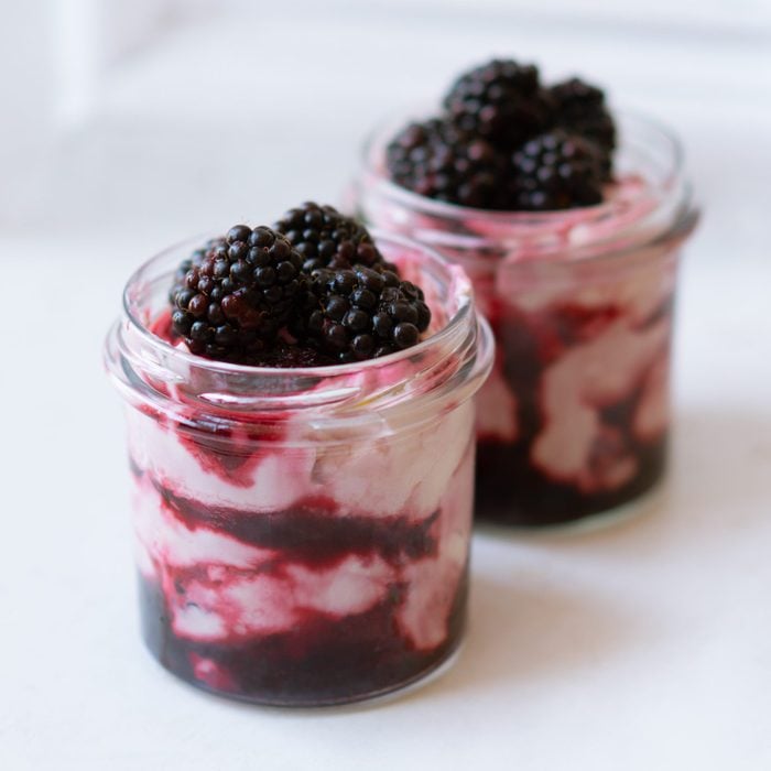Homemade Blackberry Fool Summer Dessert in Glass Jars