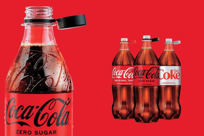 new coke bottles with attached caps