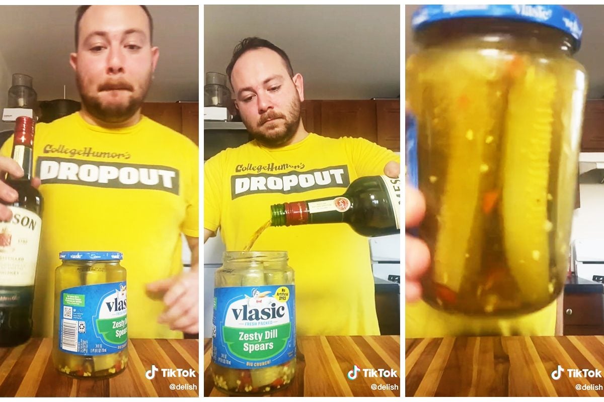 Collage Of Tiktok Showing How To Make Whiskey Pickles