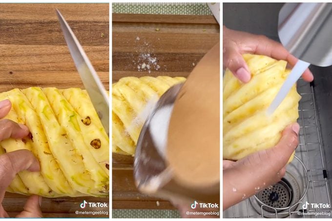 Collage Of Tiktok Showing Rinsing Pineapple With Salt