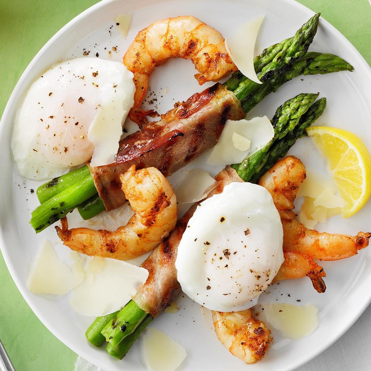 Egg-Topped Grilled Asparagus with Cajun Shrimp