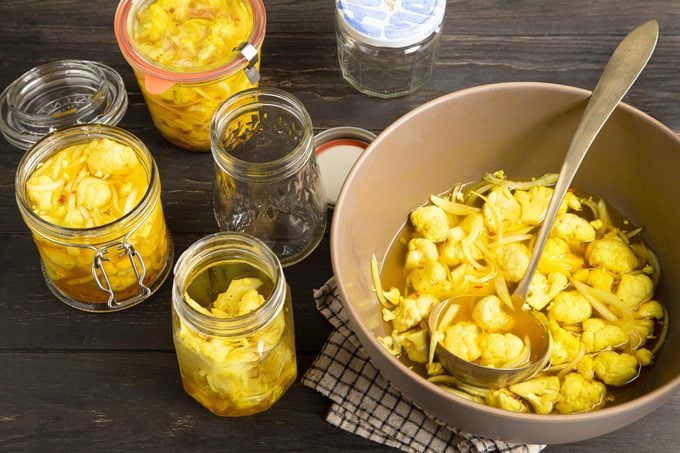 pickled cauliflower bowl and jars