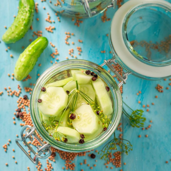 Natural and healthy canned cucumber in summer