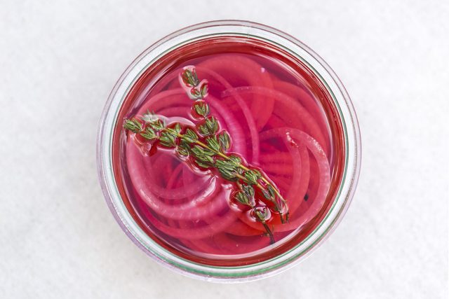 Pickled Red Onions with Thyme leaves