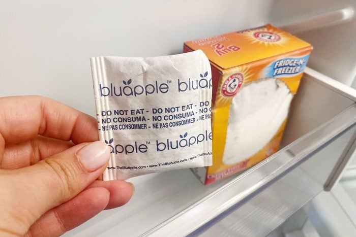 Bluapple packet in the fridge door