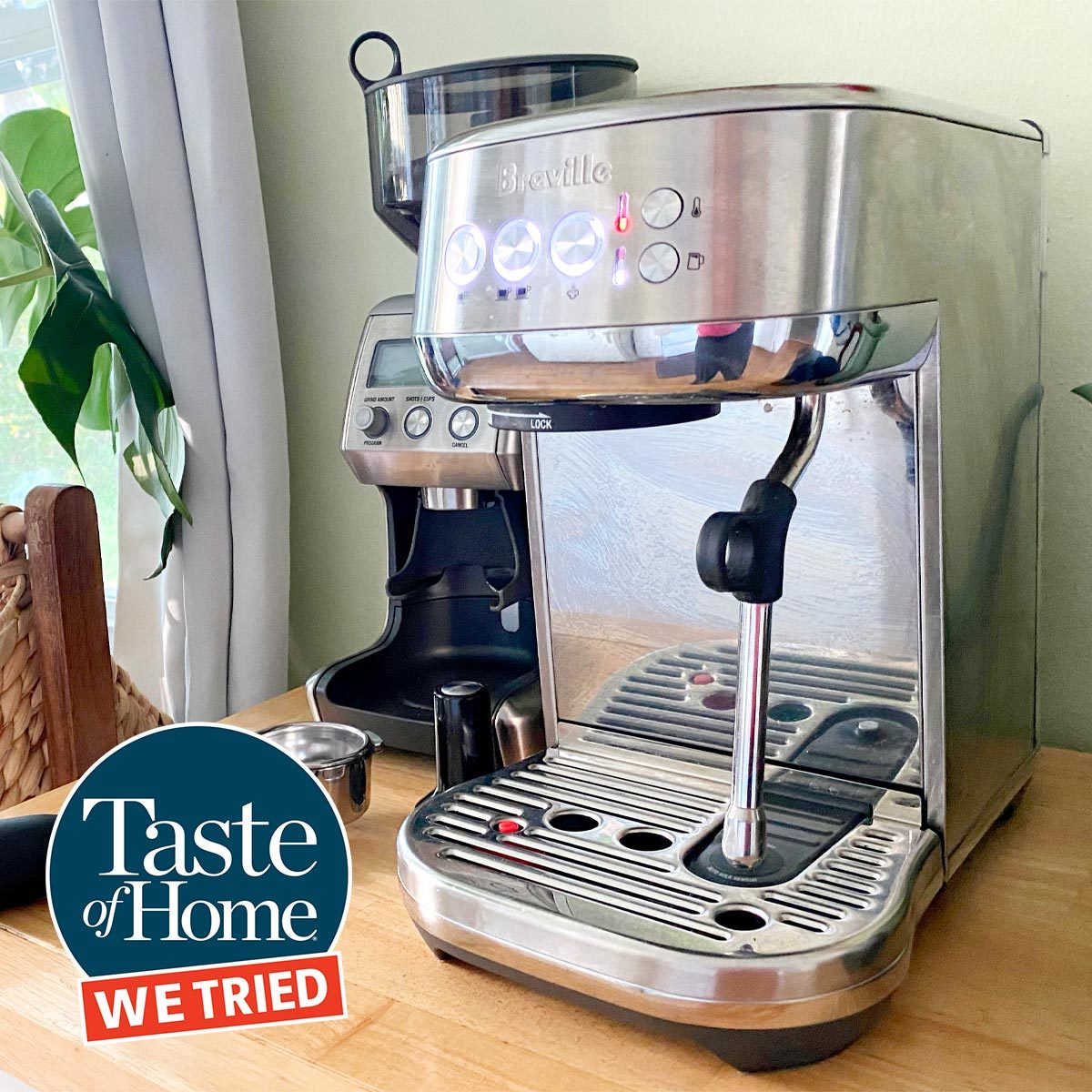 breville espresso machine on a counter with the taste of home we tried it logo
