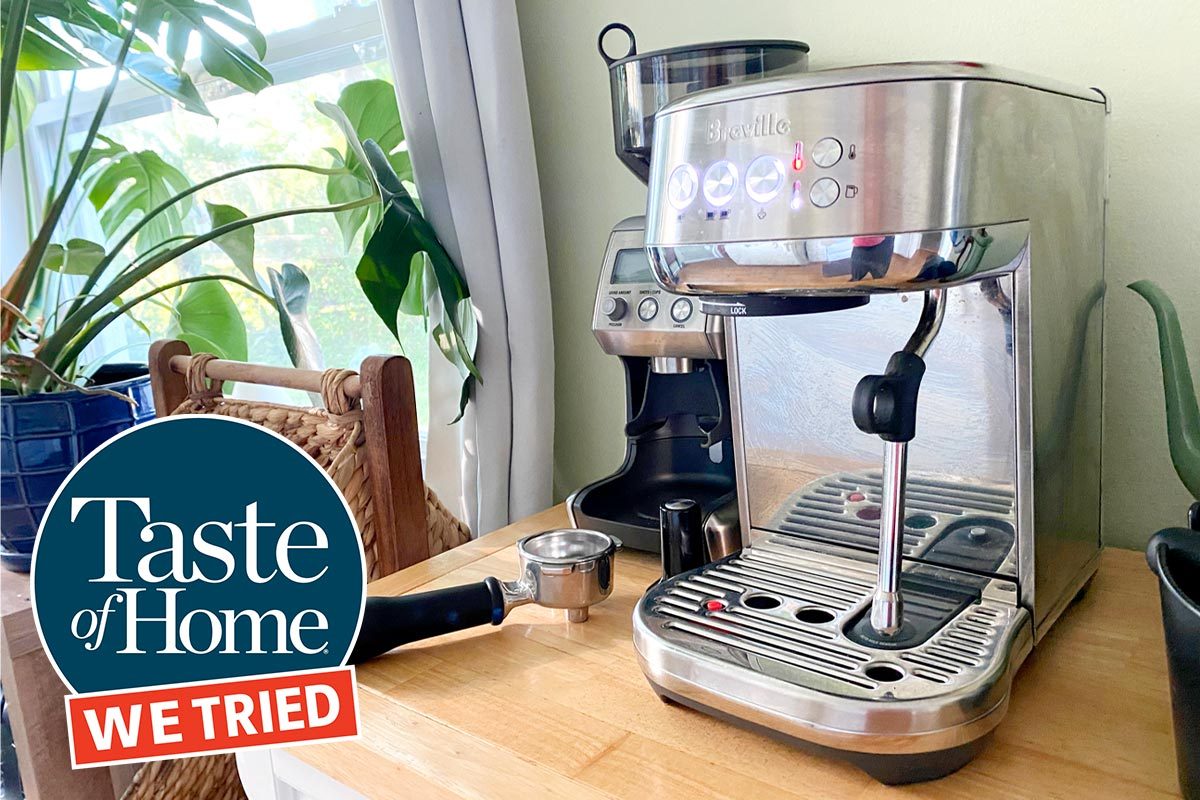 breville espresso machine on a counter with the taste of home we tried it logo