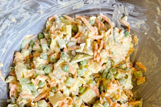 close up of mixed ingredients for Hawaiian potato salad