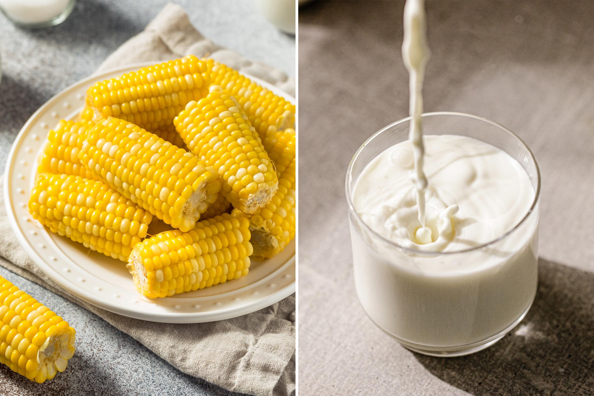 side by side of corn on the cob on a plate and a glass of milk