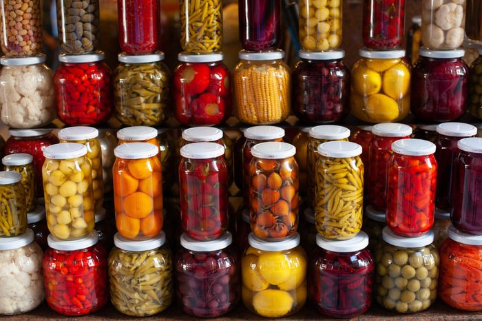 Brightly colored jars of Turkish Turu, pickled vegetables...