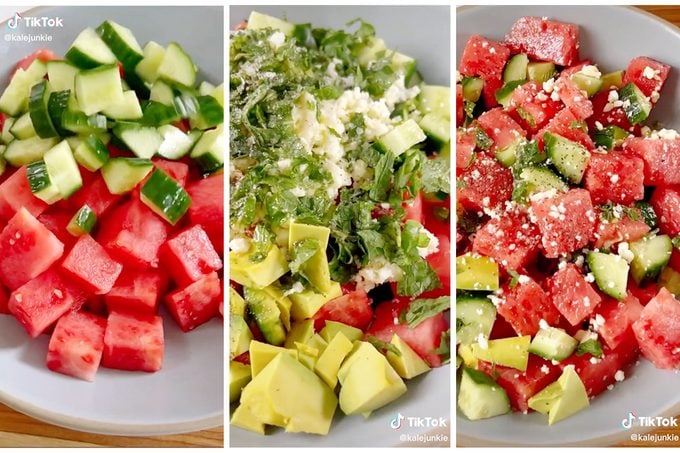 Collage Of Tiktok Showing How To Make Kate Middleton Watermelon Salad