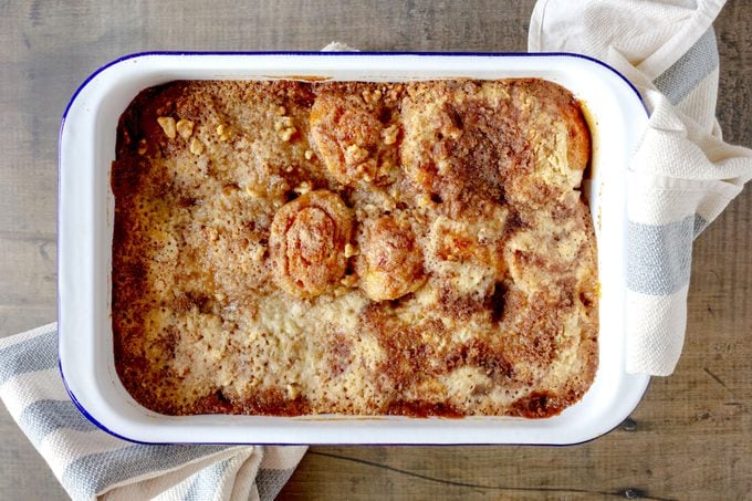 baked cinnamon roll dump cake in pan