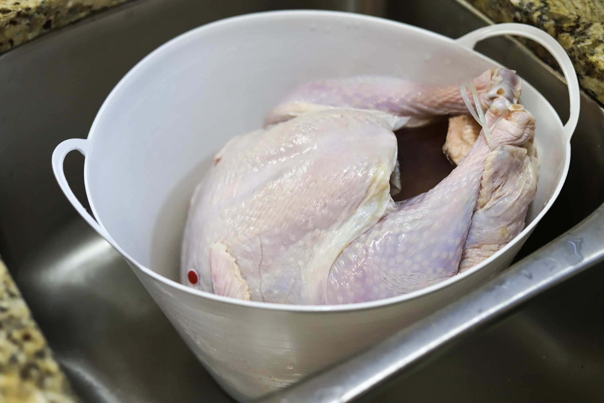 A frozen organic turkey thawing in a kitchen sink in tub of water