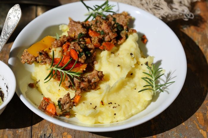 mashed potato with beef sauce, food closeup