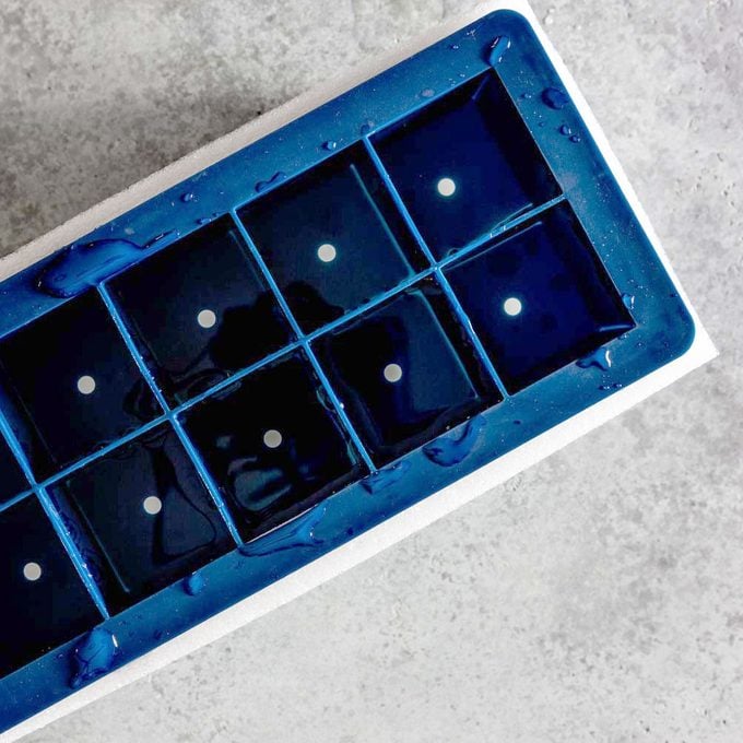 top view of a blue ice cube tray
