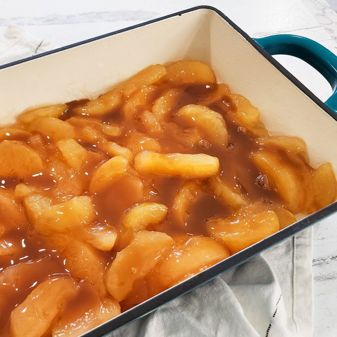 Pan Of apples for Caramel Apple Dump Cake