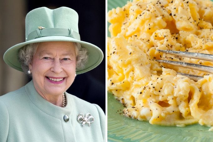 side by side of a portrait of queen Elizabeth and a plate of scrambled eggs