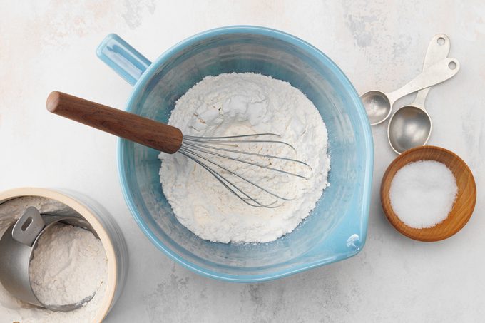 How to make an oil pie crust with Taste of Home's Easy No-Roll Pie Pastry recipe;  step 1 of 4;  Mix the dry ingredients
