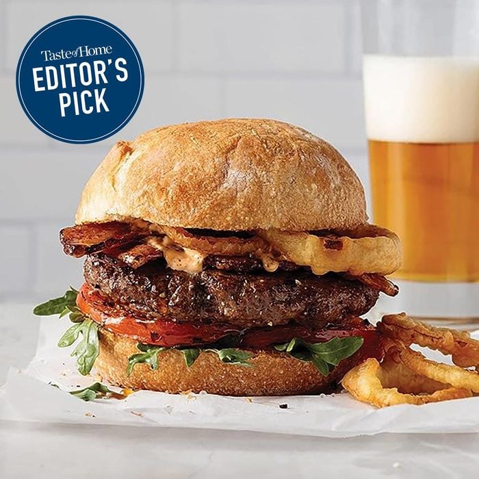 Burger with onion rings and beer