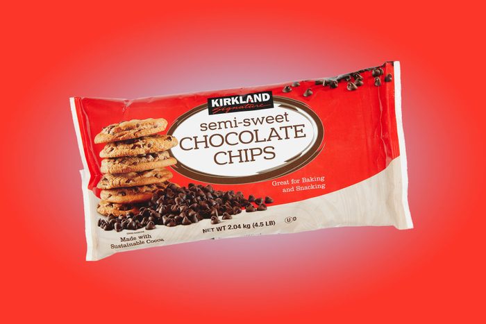 Kirkland Signature Chocolate Chips Semi Sweet 4.5 Lbs on red background