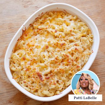 a baking dish with macaroni and cheese after baking with Patti LaBelle's portrait in the bottom right corner