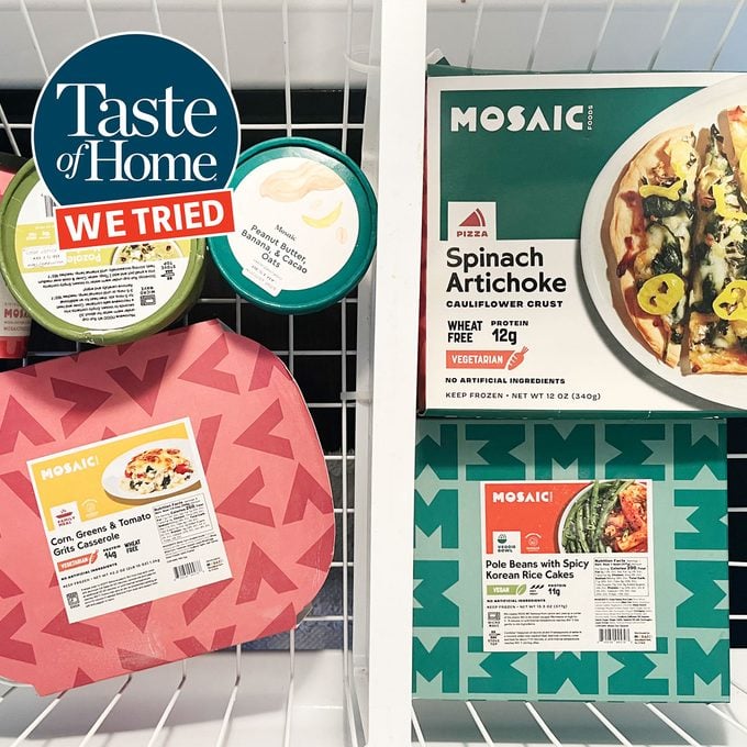 mosaic plant based food in a freezer with the Taste of Home we tried it badge