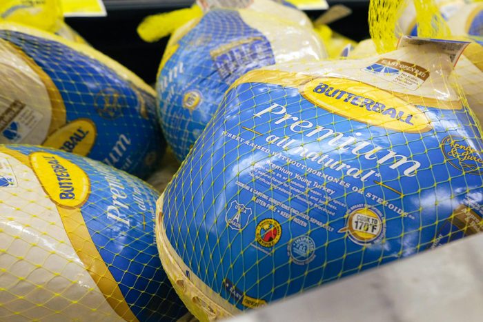 Frozen Butterball turkeys are displayed for sale inside a grocery store on November 14, 2022 in New York City