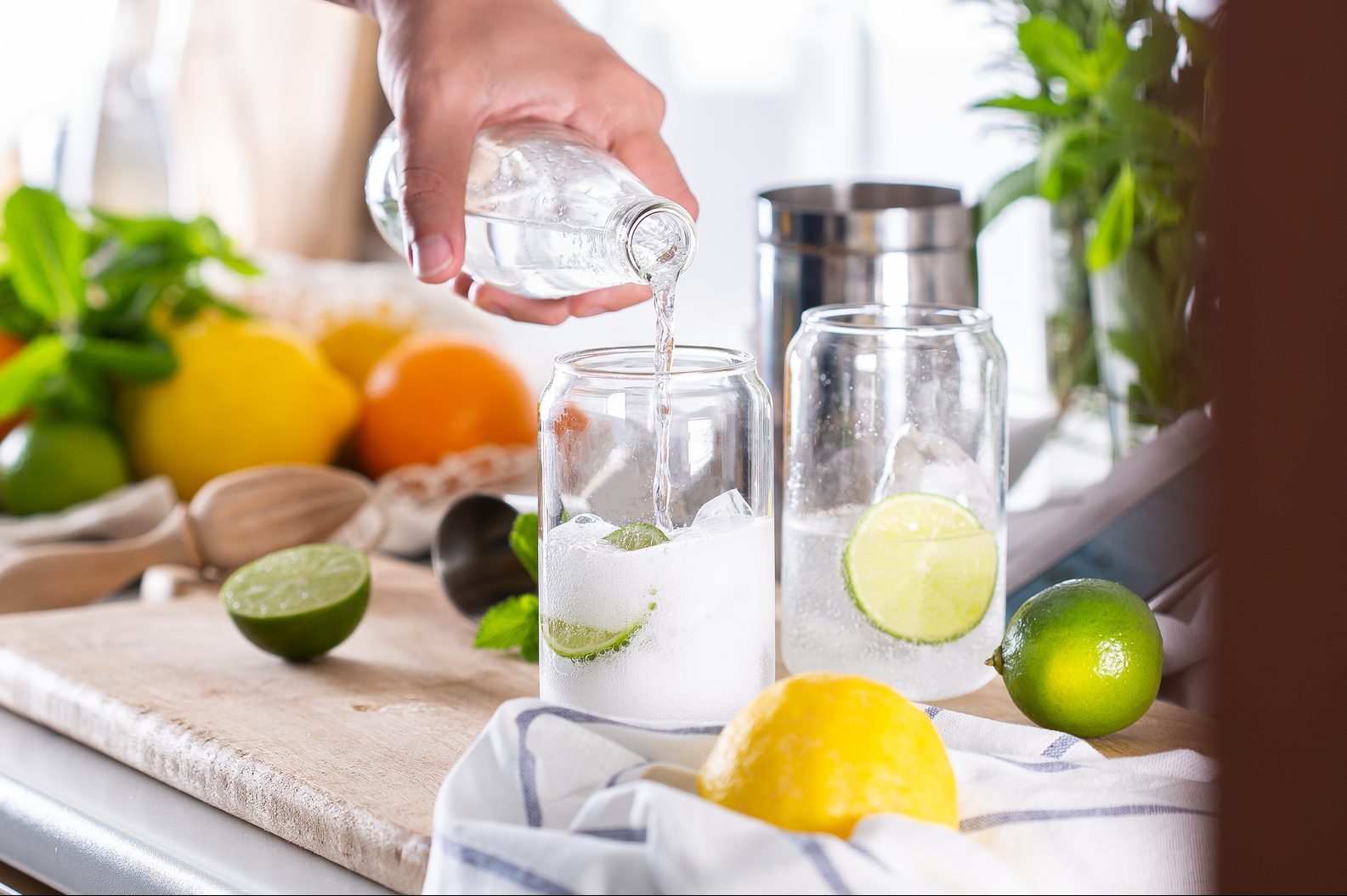 Mixologist making refreshing cocktail with hard seltzer at home