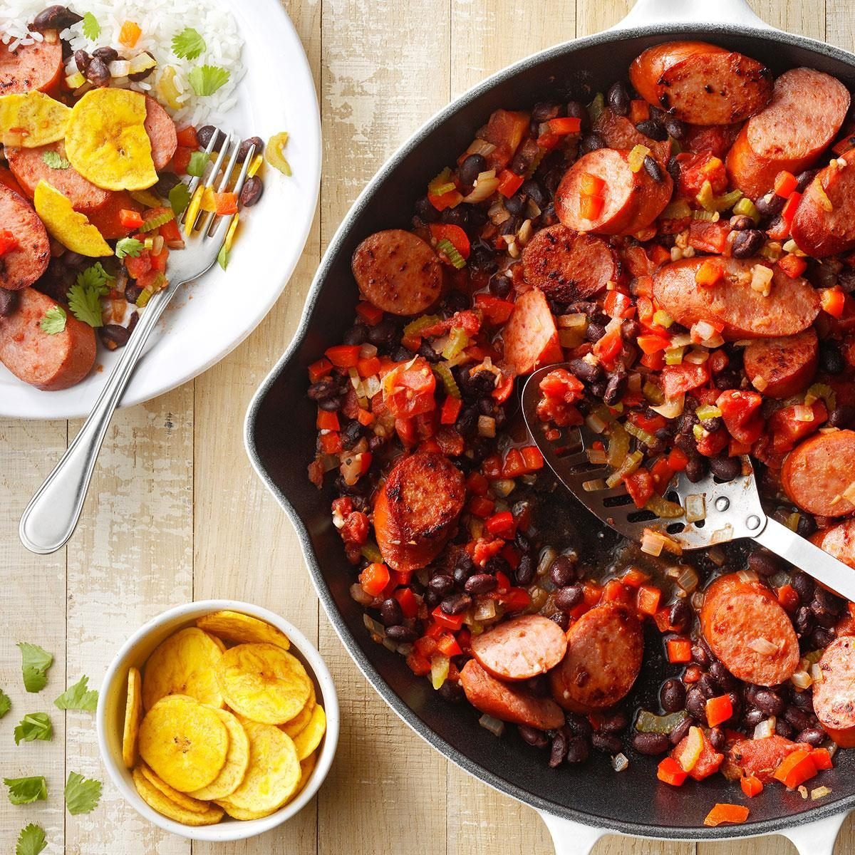 Sausage and Bean Skillet with Crispy Plantains