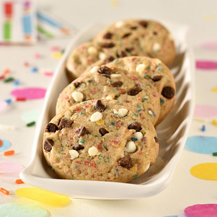 Chips Ahoy Confetti Cookies on an confetti covered background